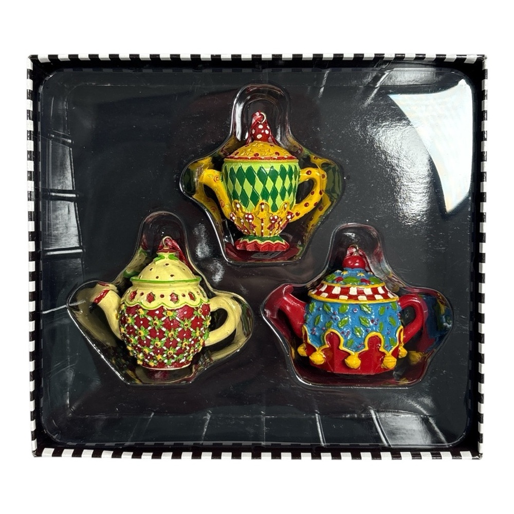Mary Engelbreit Teapots Christmas Ornaments Set of 3 Boxed Holiday Decor NIB